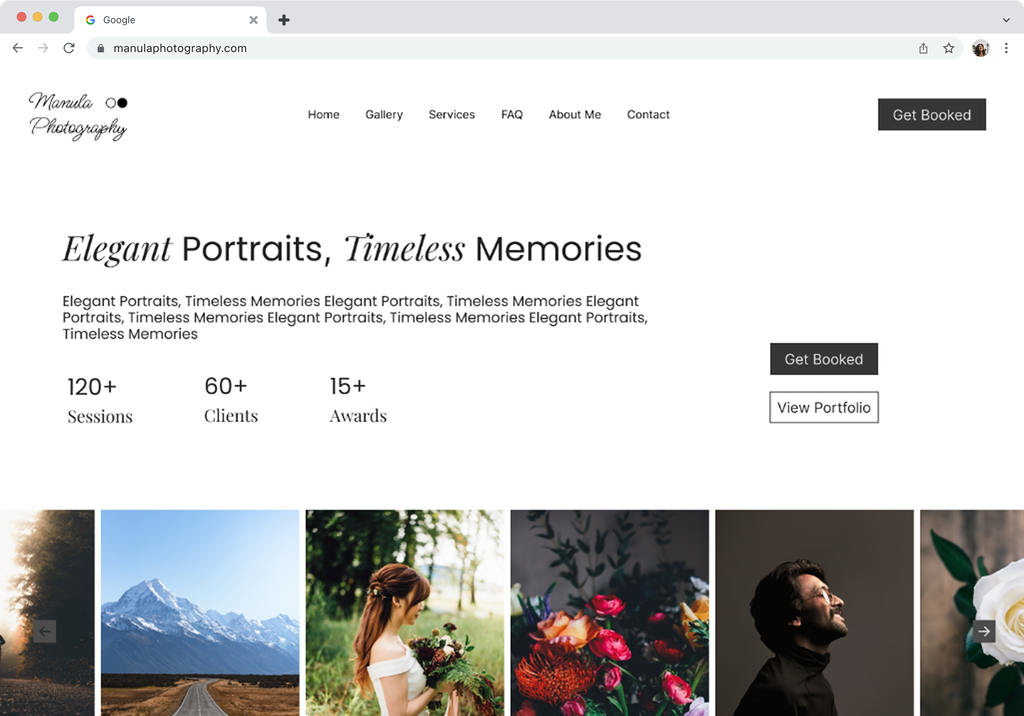 Desktop mockup of the Manula photography web site homepage design.